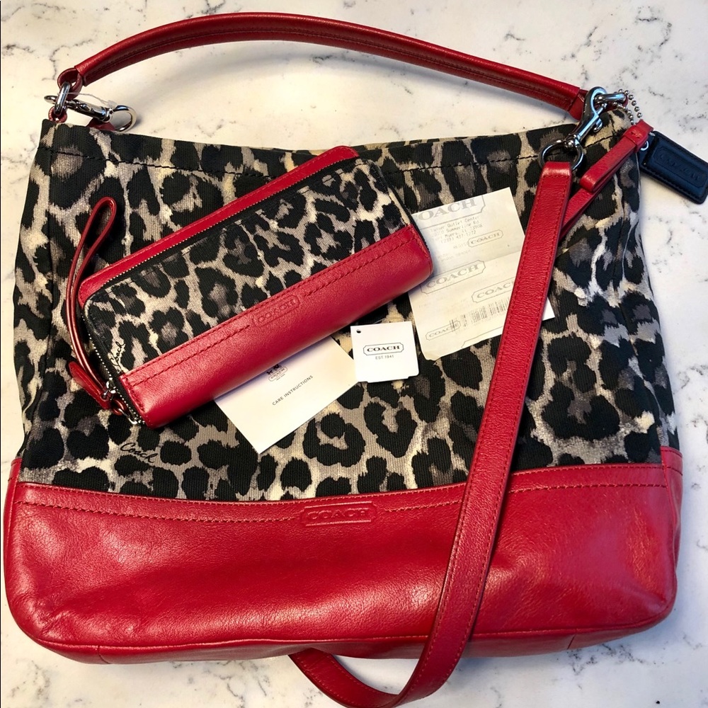 SOLD Coach Red Leopard Tote Crossbody & Wallet